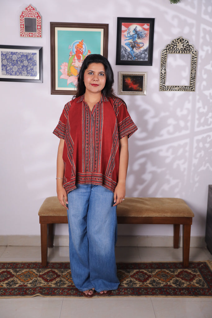 Handblock printed Ajrakh Anti fit shirt - 5