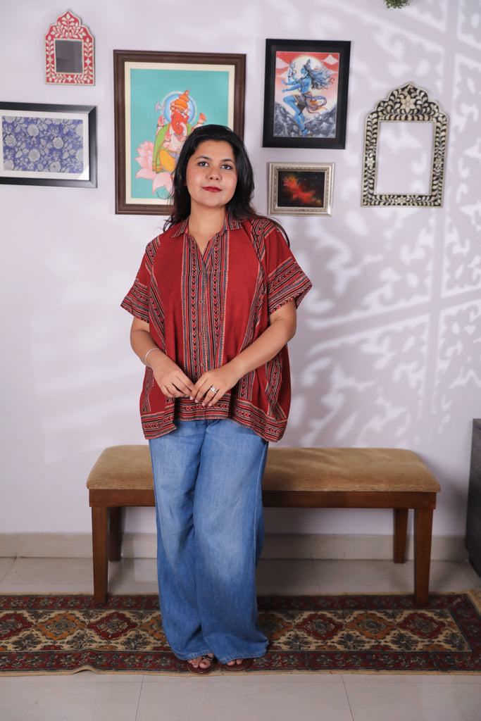 Handblock printed Ajrakh Anti fit shirt - 5