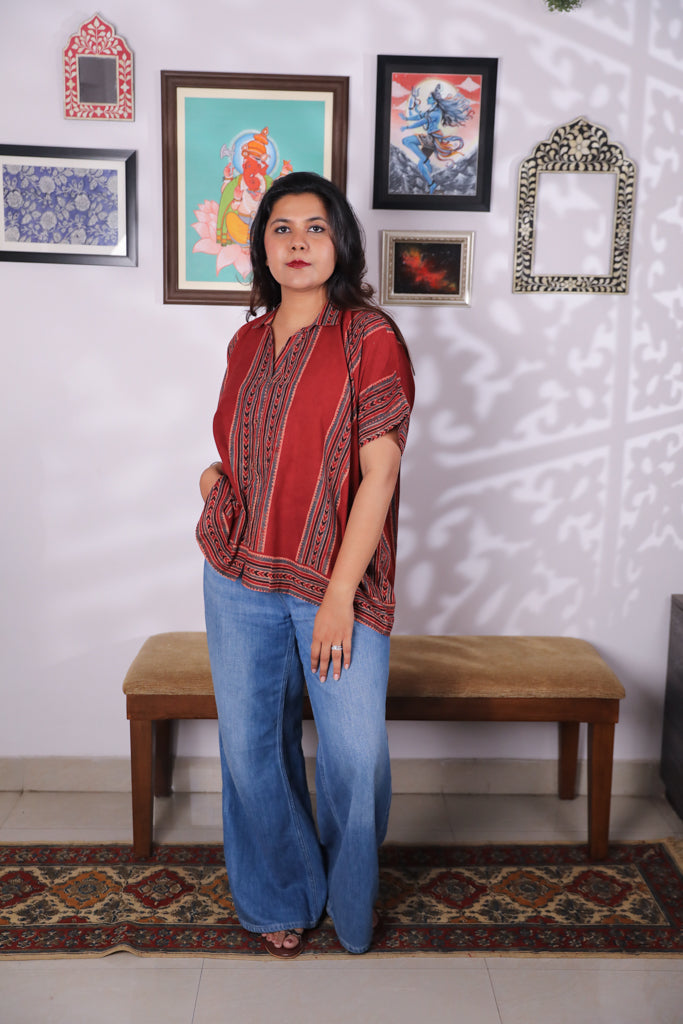 Handblock printed Ajrakh Anti fit shirt - 5