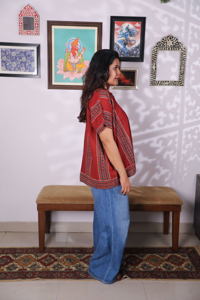 Handblock printed Ajrakh Anti fit shirt - 5