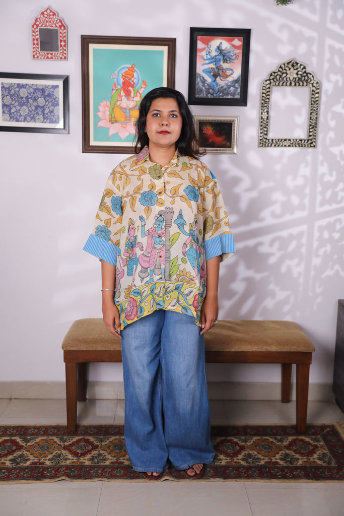 Hand-Painted Pen Kalamkari Bandhini Cotton Silk Shirt - 5