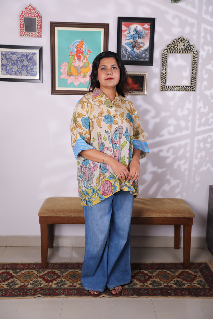 Hand-Painted Pen Kalamkari Bandhini Cotton Silk Shirt - 5
