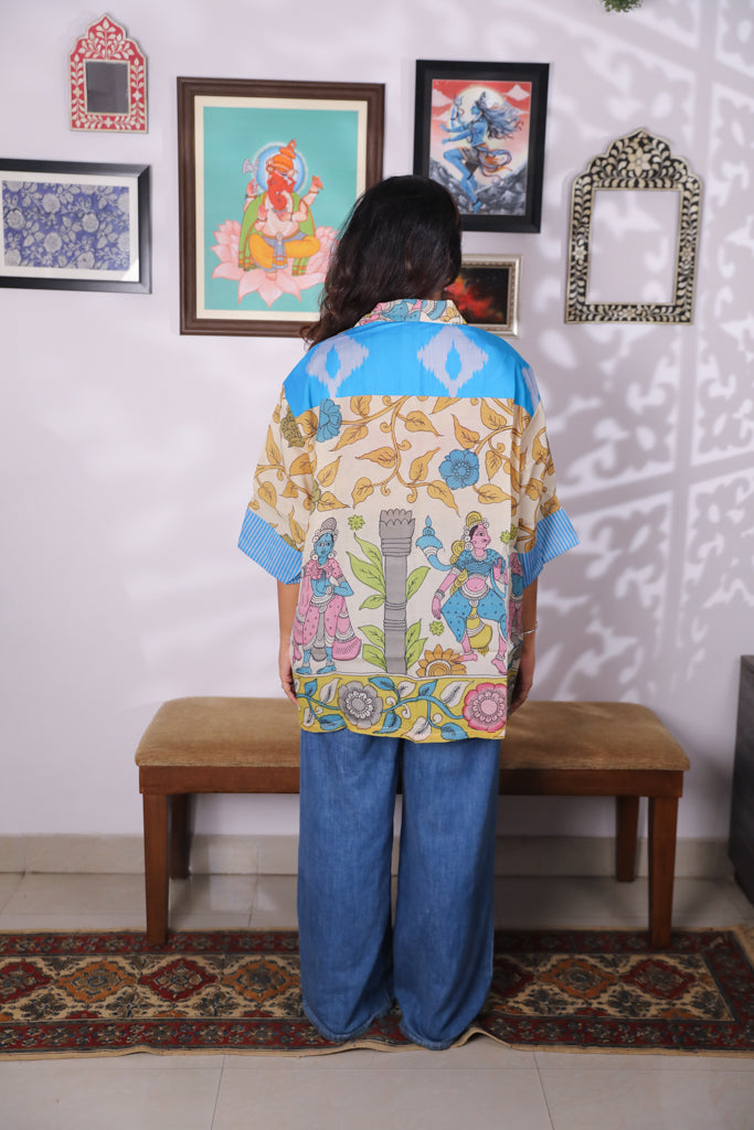 Hand-Painted Pen Kalamkari Bandhini Cotton Silk Shirt - 5