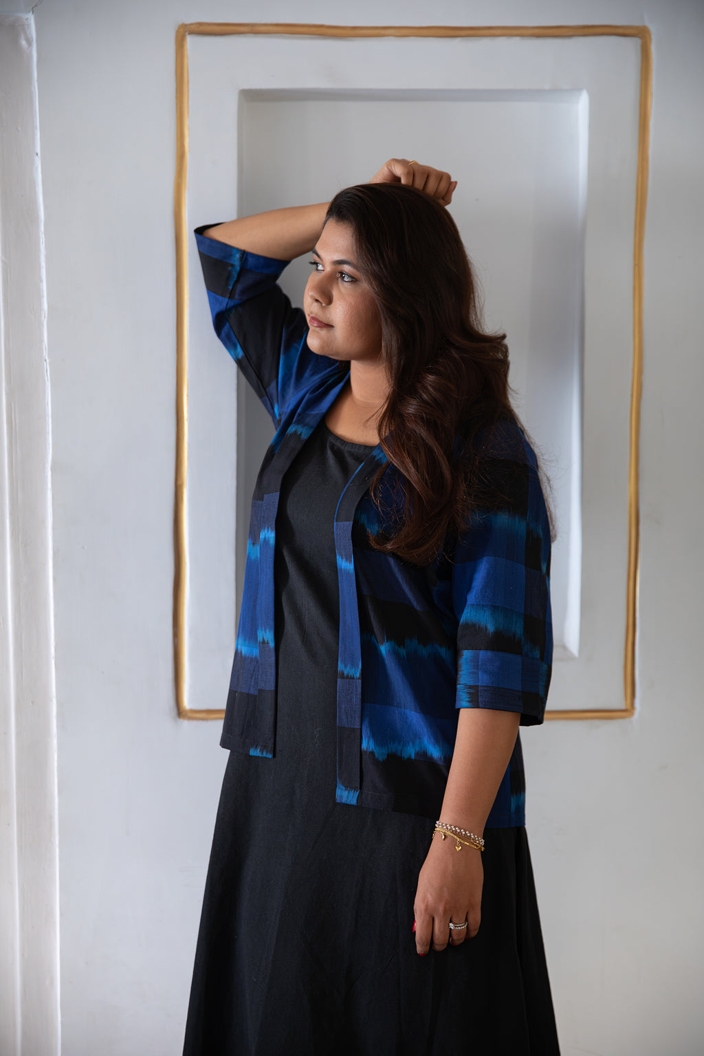 Ira Ikat Pure Cotton Ikat Shrug in Blue & Black