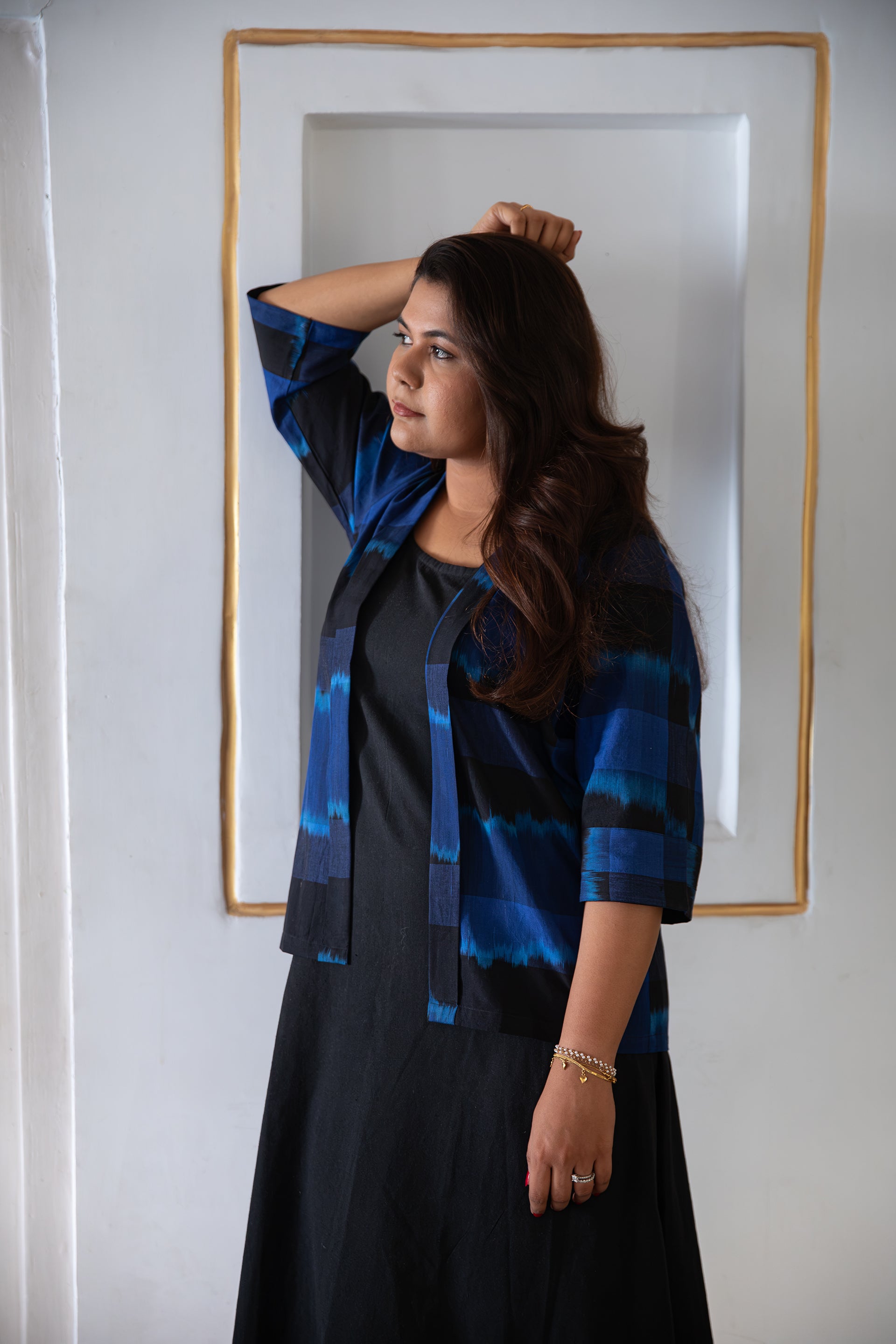 Ira Ikat Pure Cotton Ikat Shrug in Blue & Black