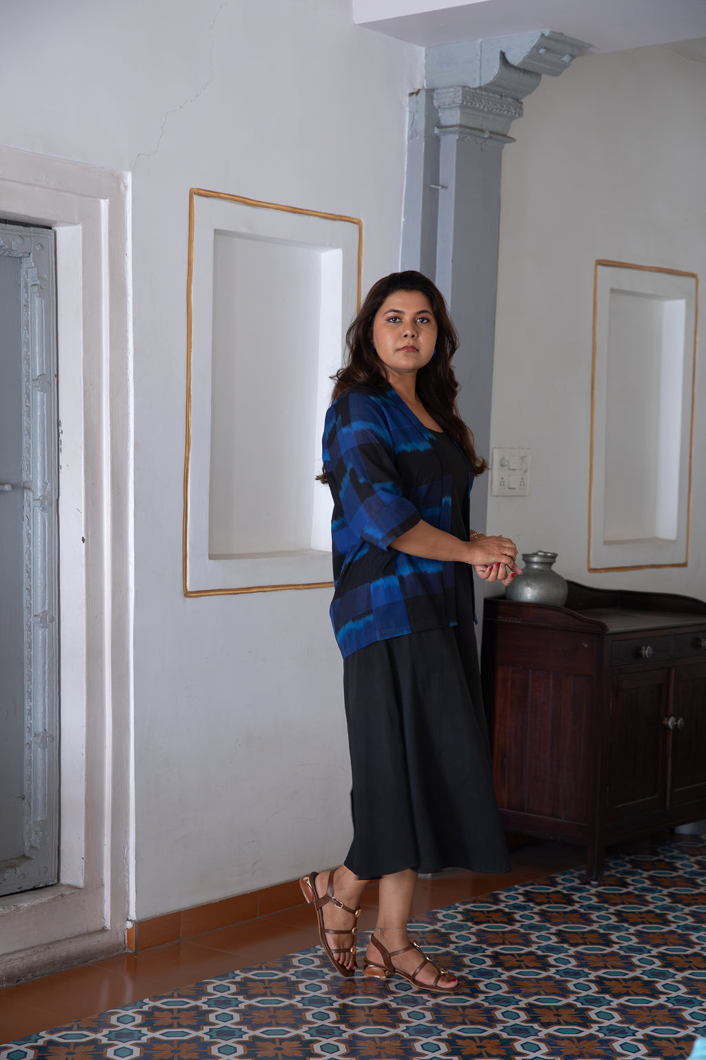 Ira Ikat Pure Cotton Ikat Shrug in Blue & Black