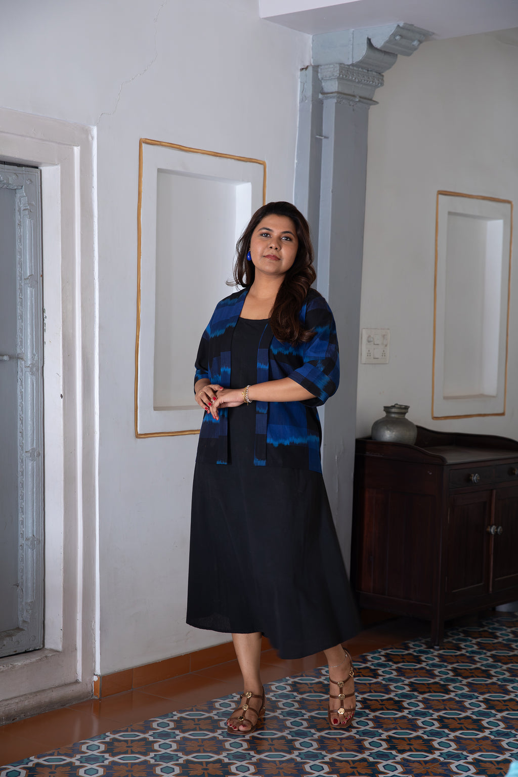 Ira Ikat Pure Cotton Ikat Shrug in Blue & Black