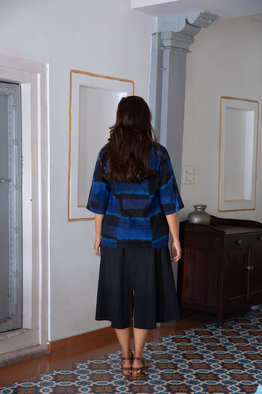 Ira Ikat Pure Cotton Ikat Shrug in Blue & Black
