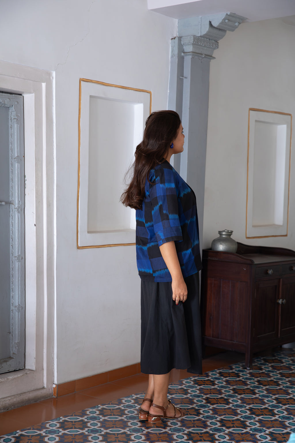 Ira Ikat Pure Cotton Ikat Shrug in Blue & Black