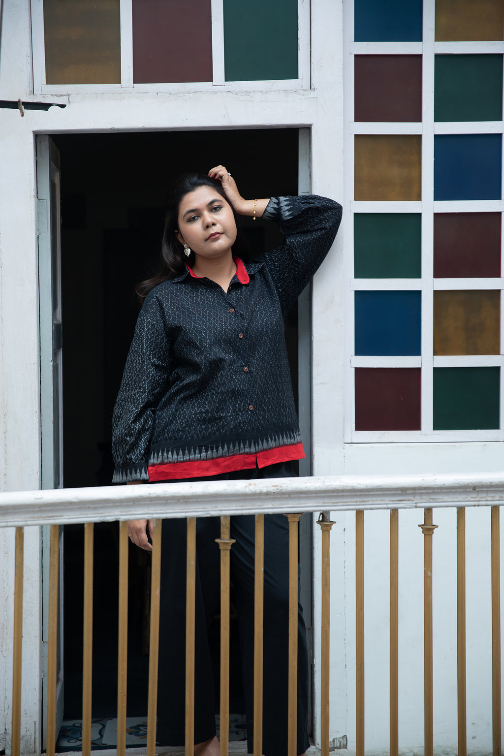 Syahi Pure Cotton Ikat Border Shirt