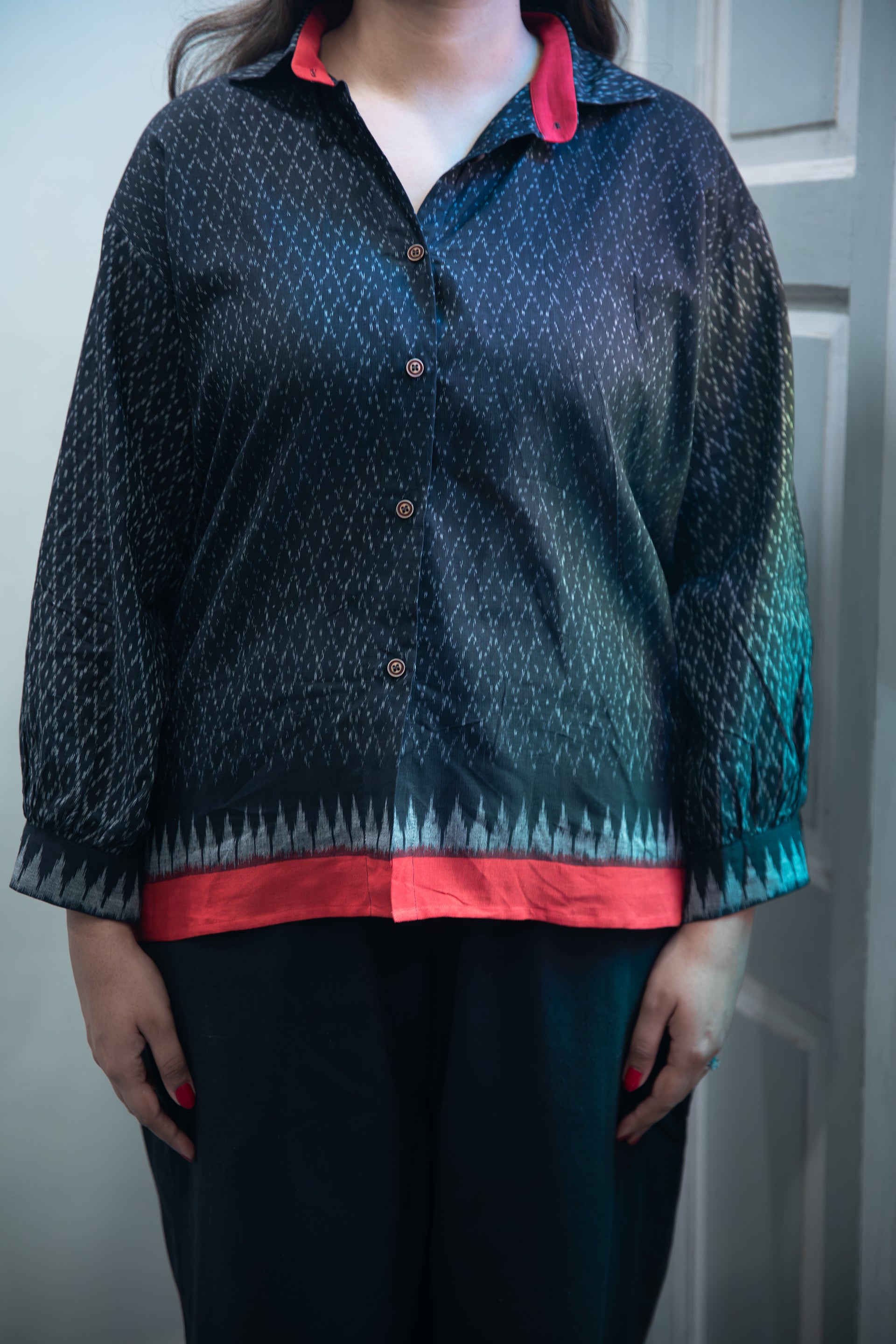 Syahi Pure Cotton Ikat Border Shirt