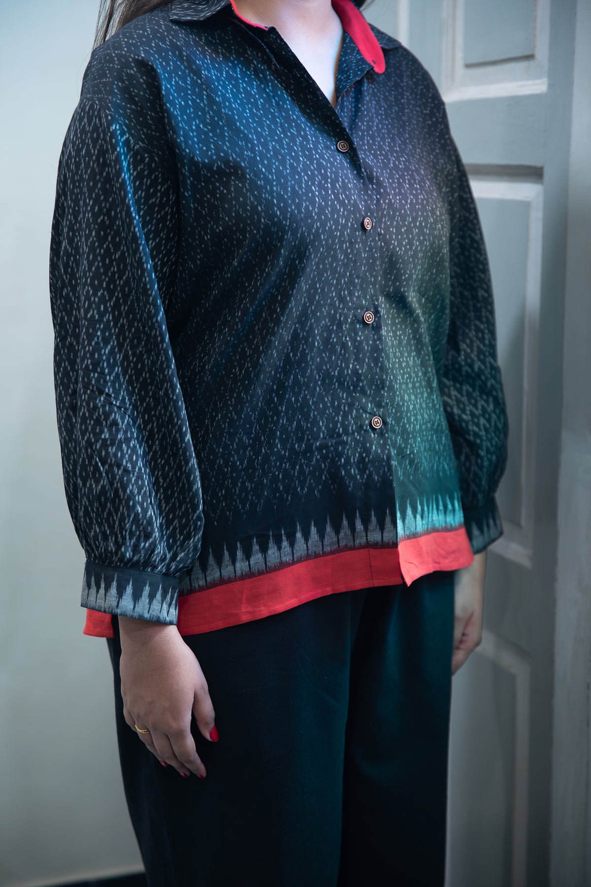 Syahi Pure Cotton Ikat Border Shirt