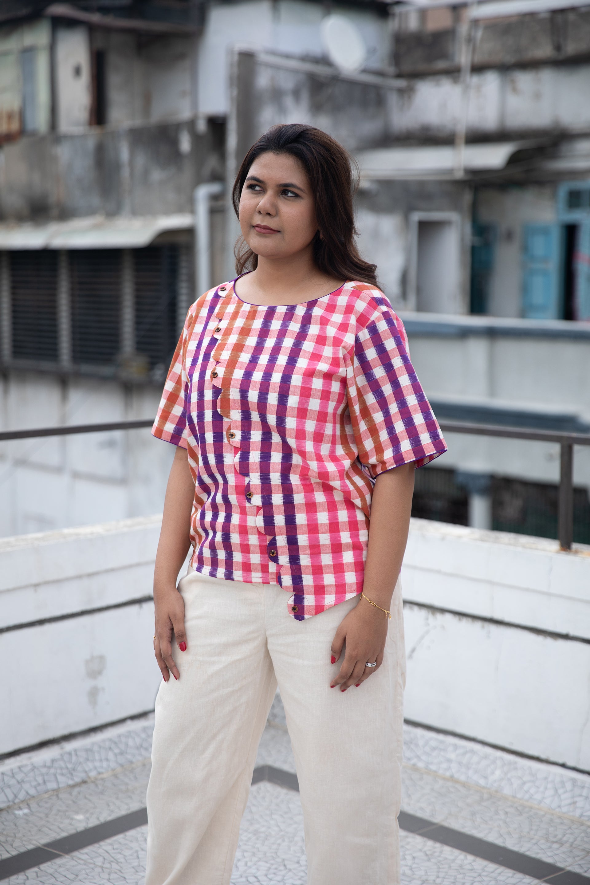 Tara Handloom Ikat Scalloped Top