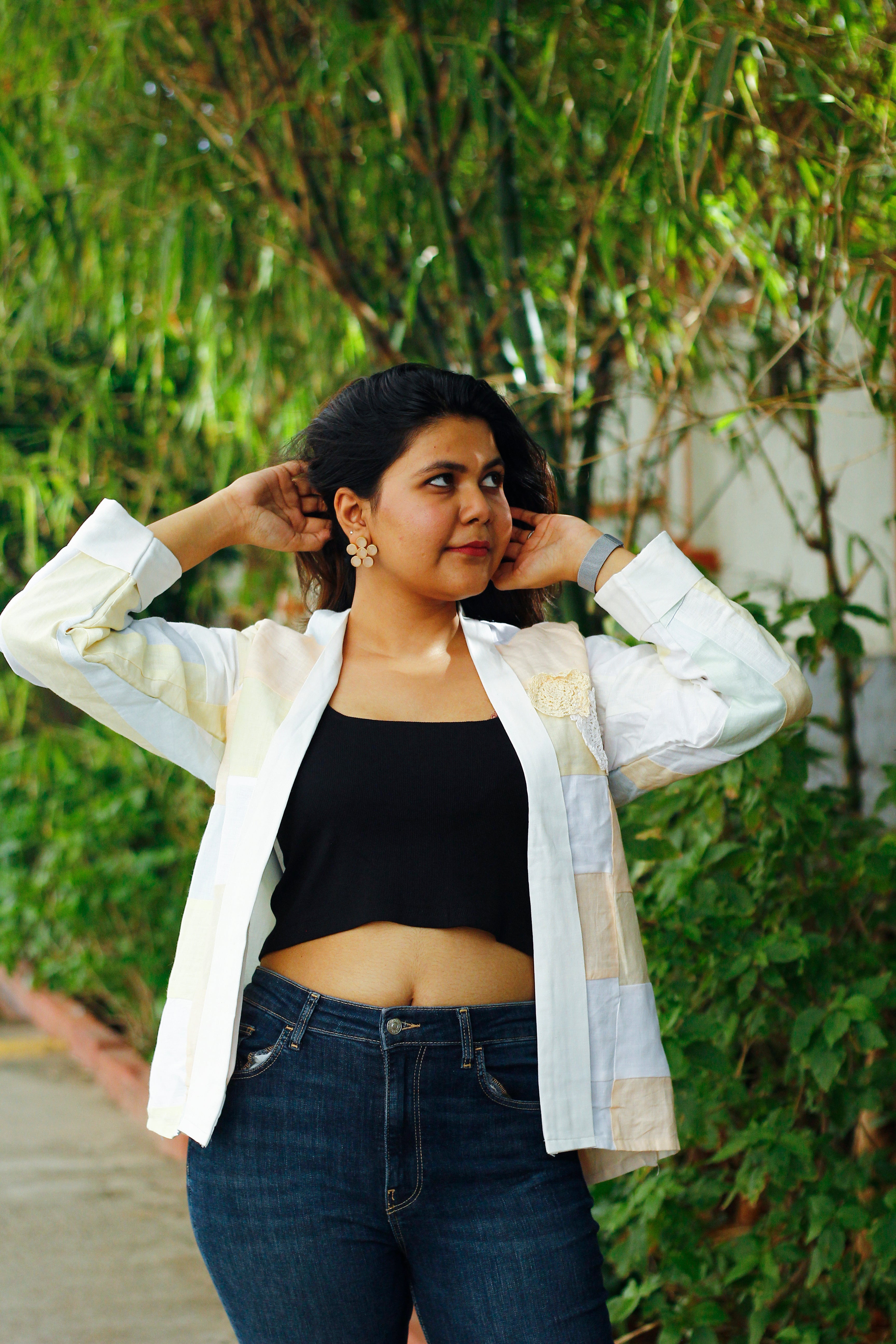 Upcycled hemp jacket with crochet flowers