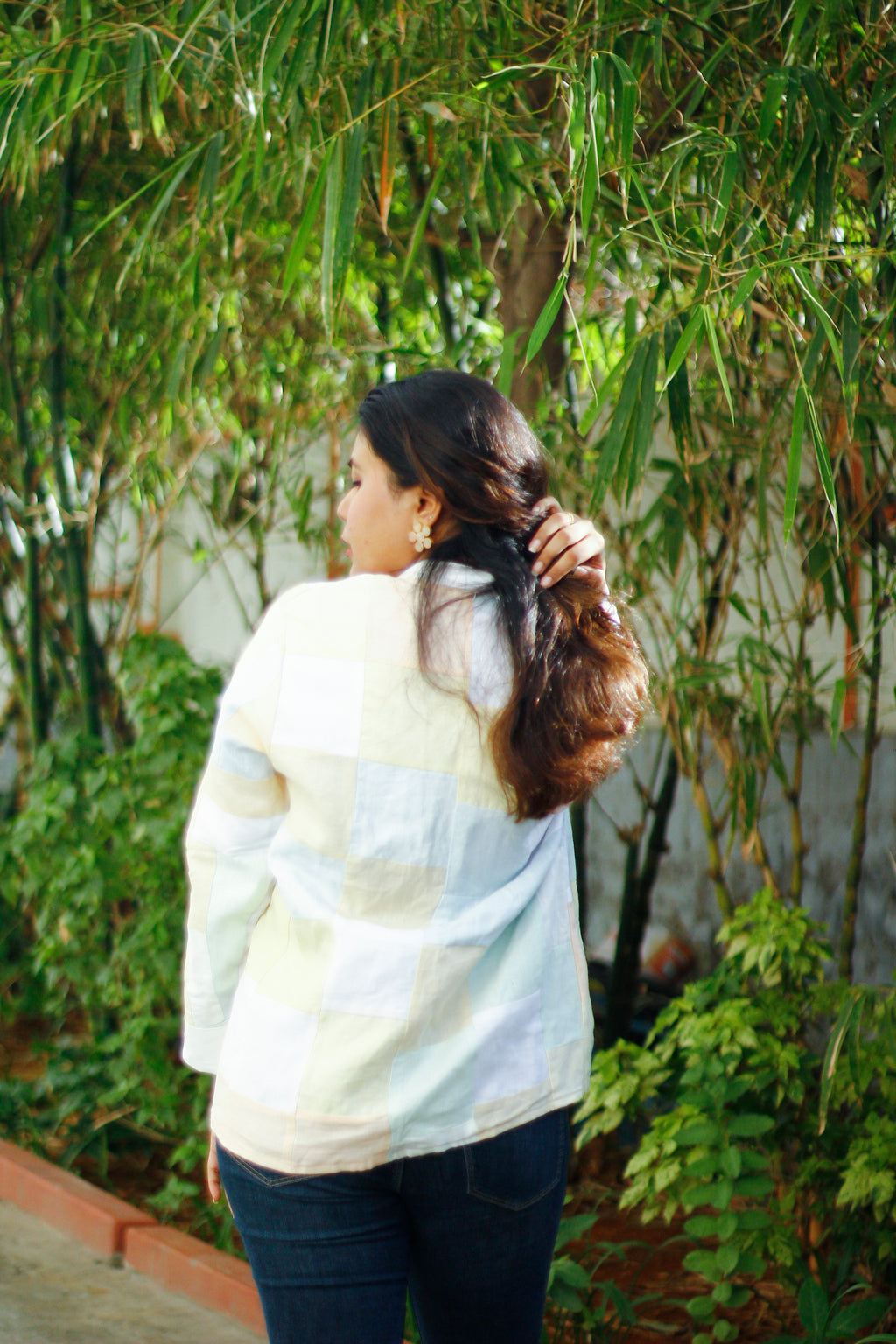 Upcycled hemp jacket with crochet flowers