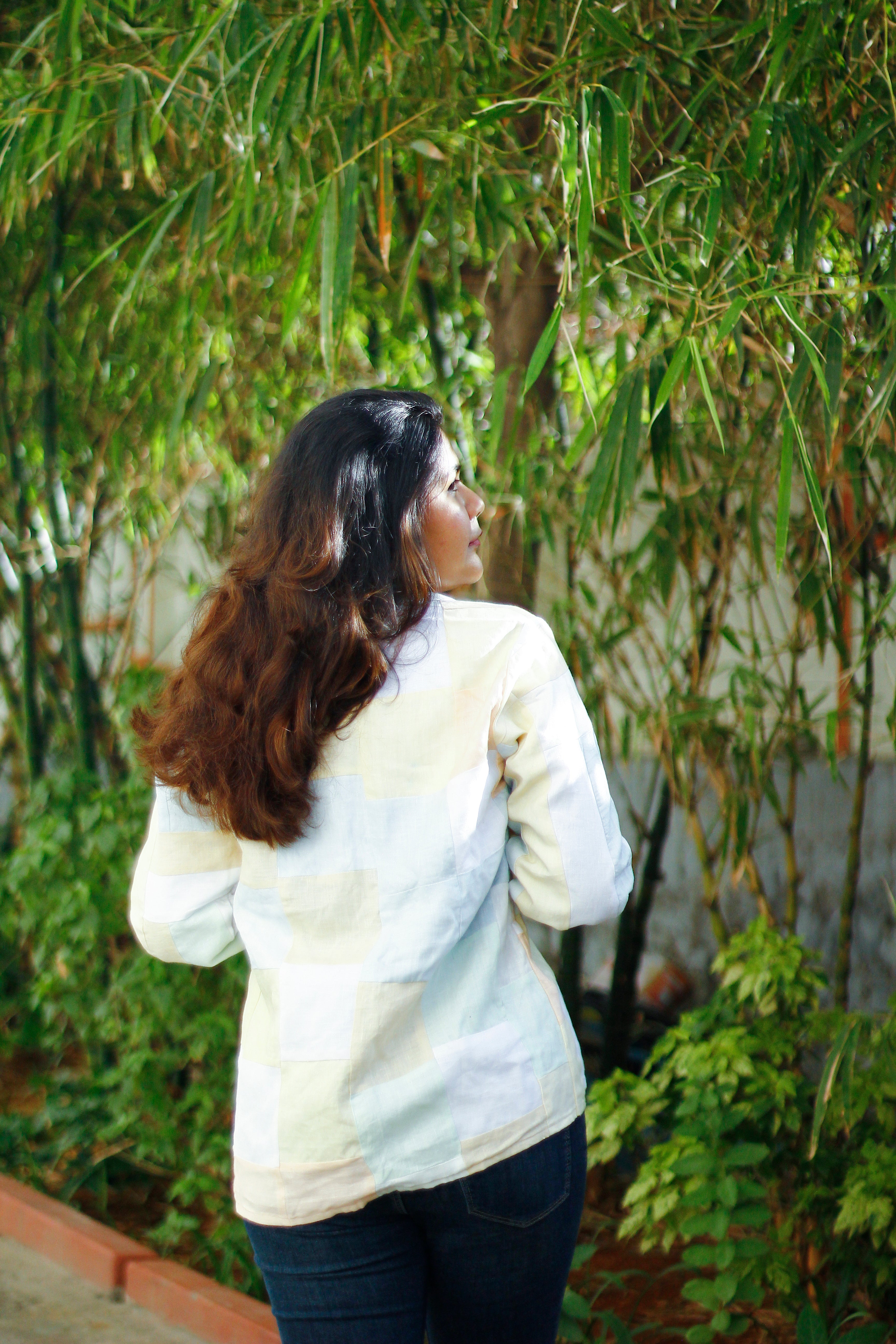 Upcycled hemp jacket with crochet flowers