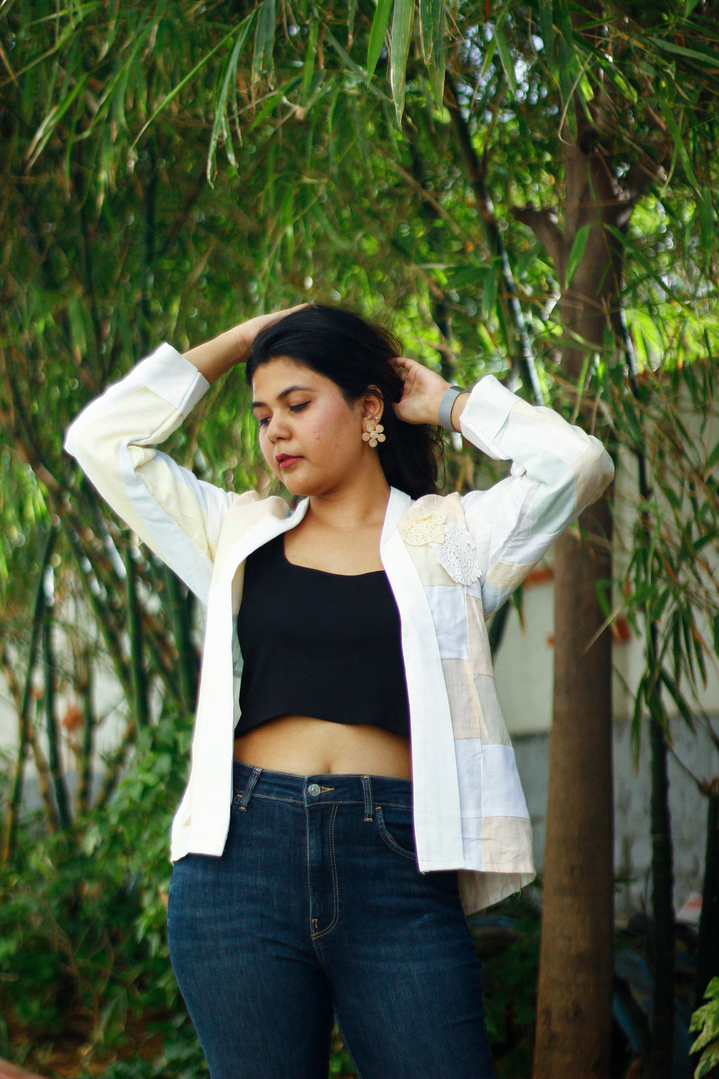 Upcycled hemp jacket with crochet flowers