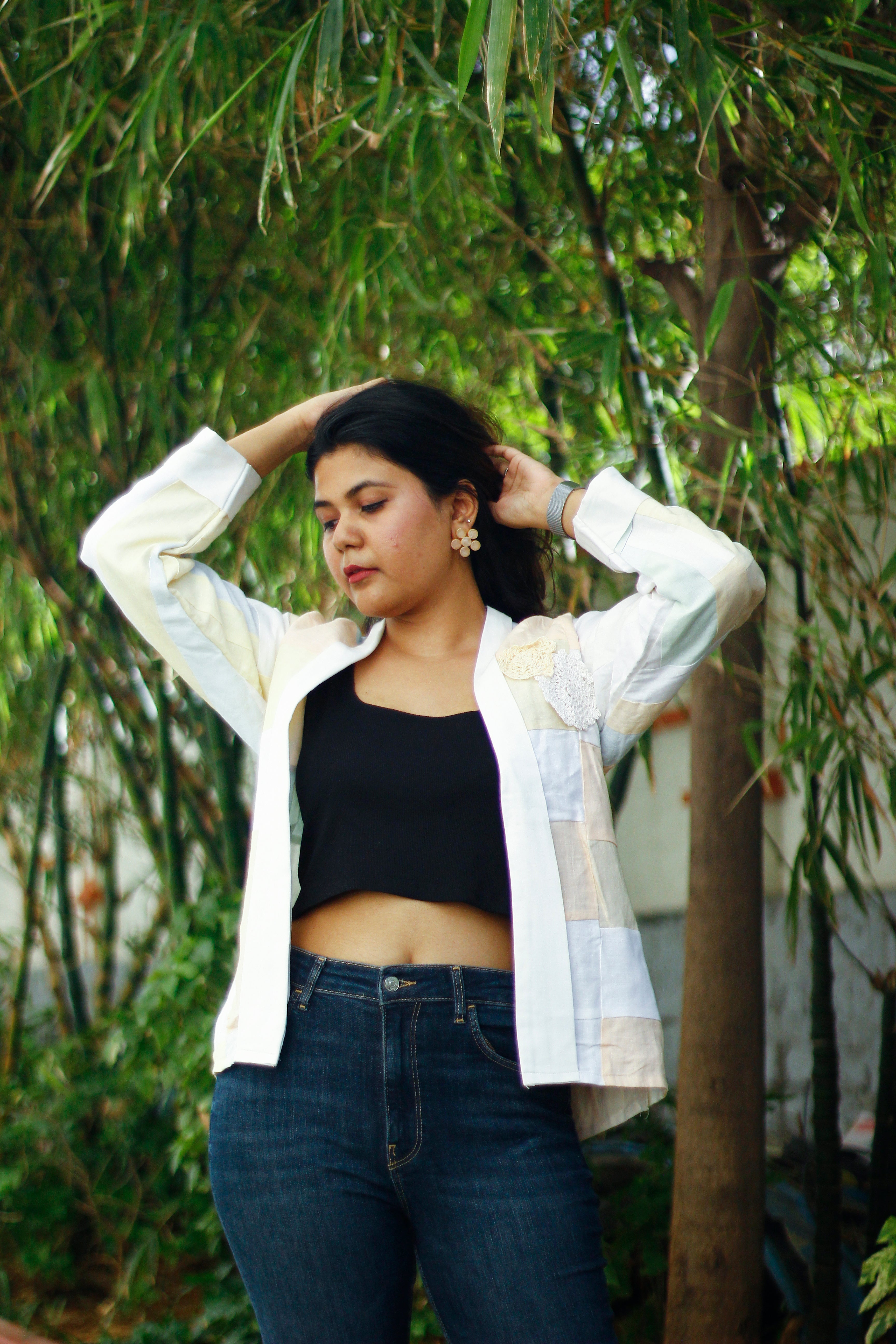 Upcycled hemp jacket with crochet flowers