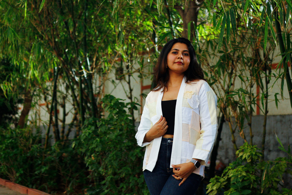 Upcycled hemp jacket with crochet flowers