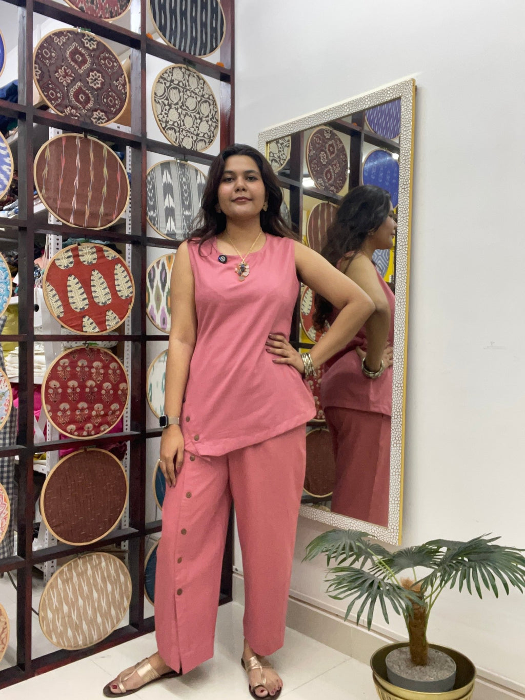 Cotton co - ord set with button detail - Pink - Aamvi