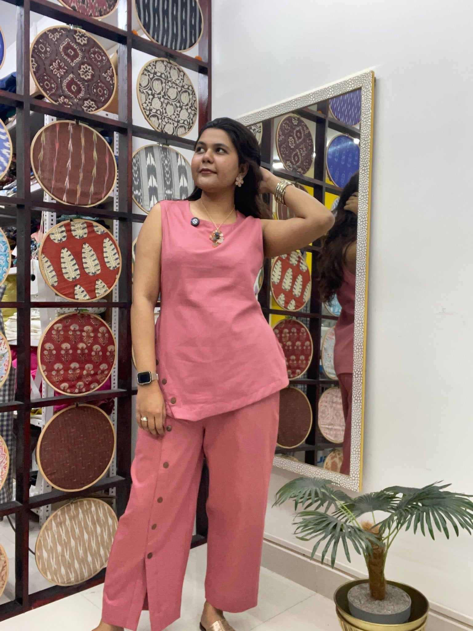 Cotton co - ord set with button detail - Pink - Aamvi