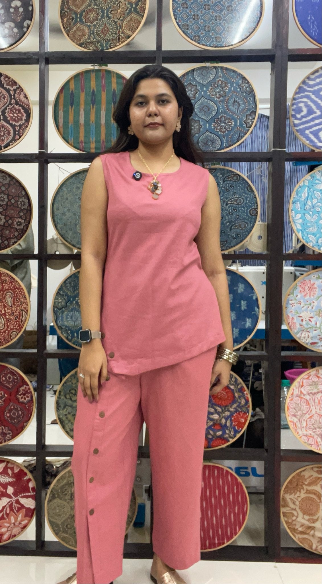 Cotton co - ord set with button detail - Pink - Aamvi