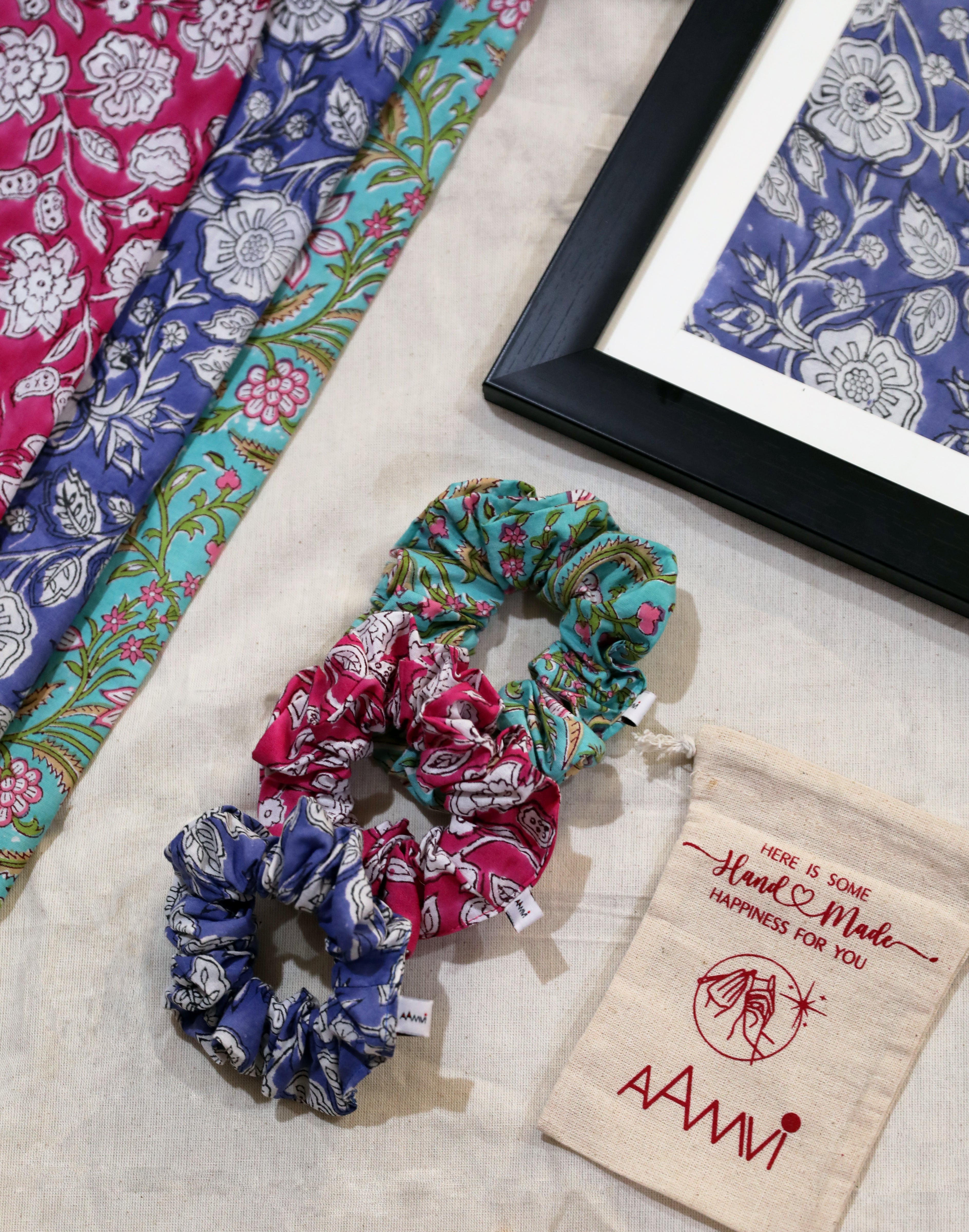 Set of 3 : Block Printed Scrunchies : Pastel dreams