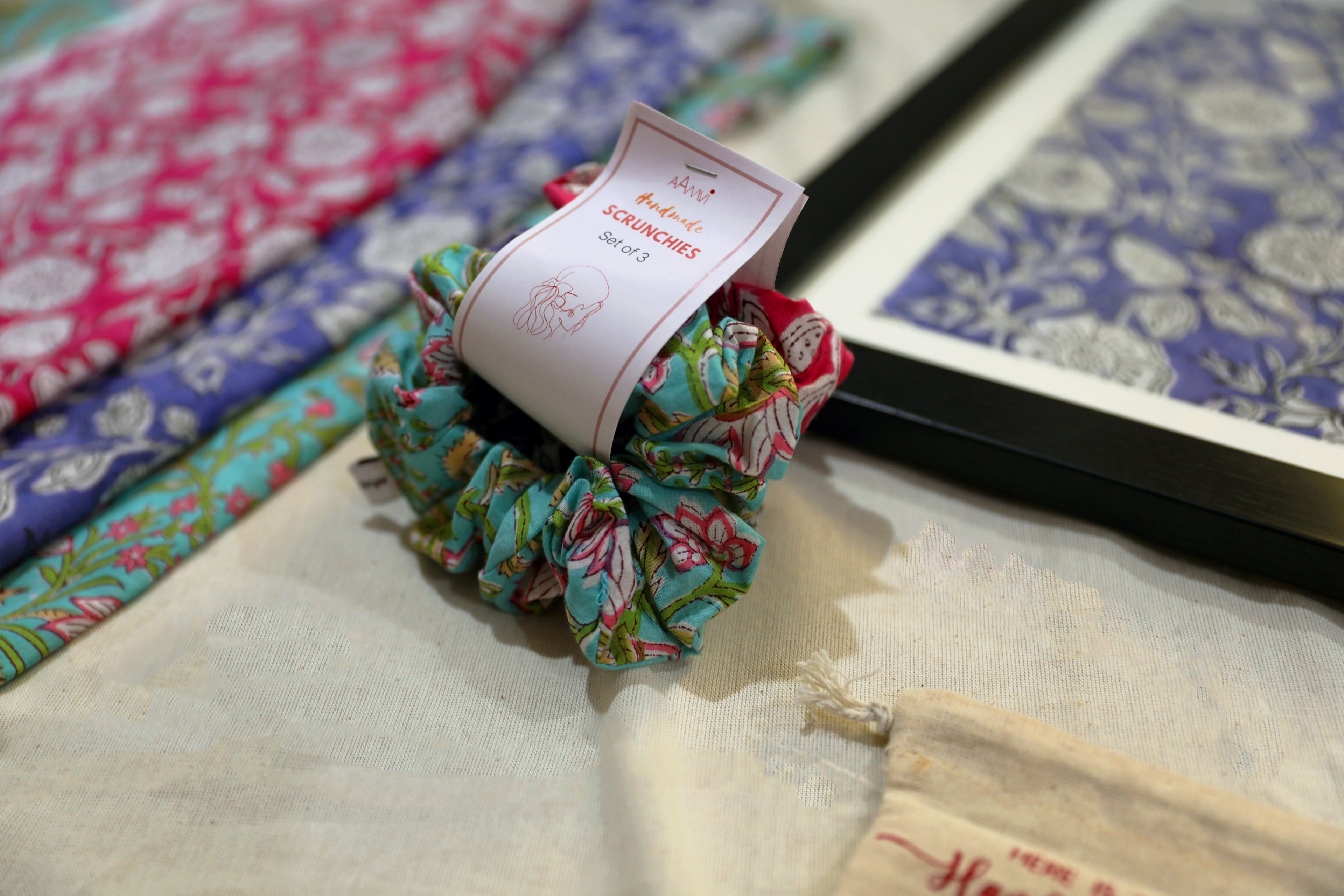 Set of 3 : Block Printed Scrunchies : Pastel dreams