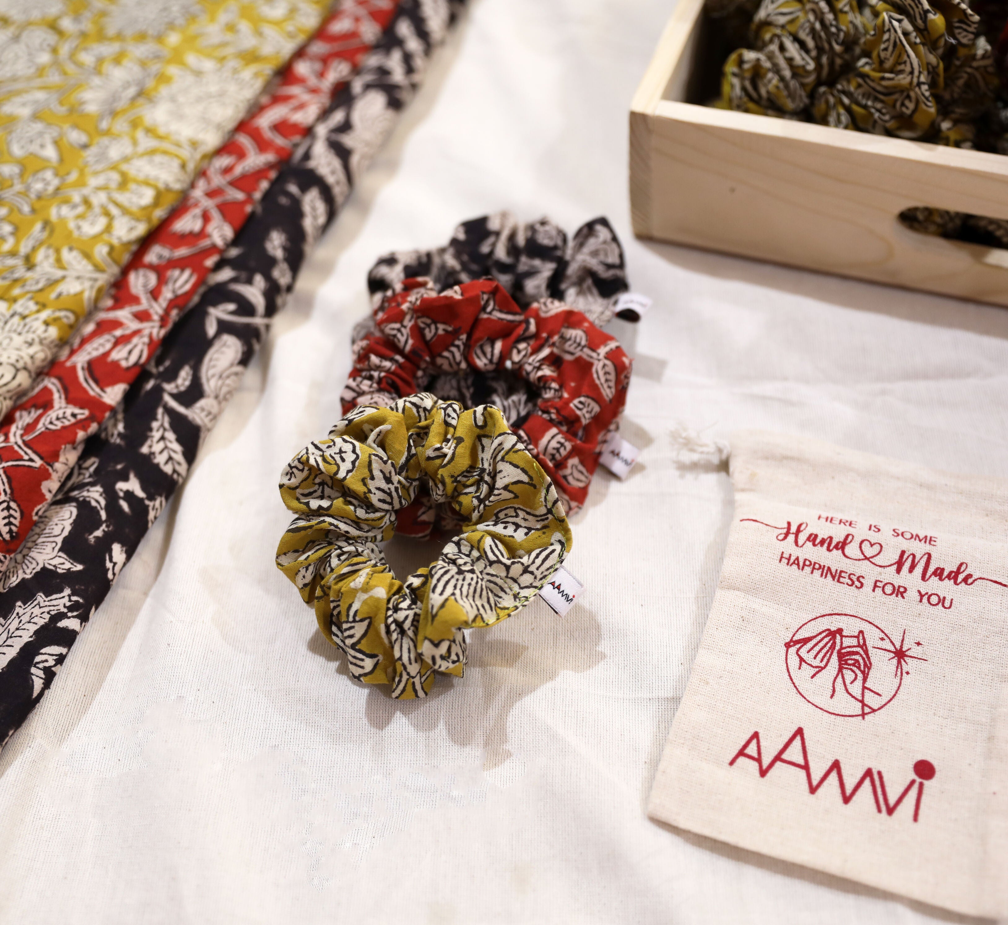 Set of 3 : Block Printed Scrunchies : Earthy Tones