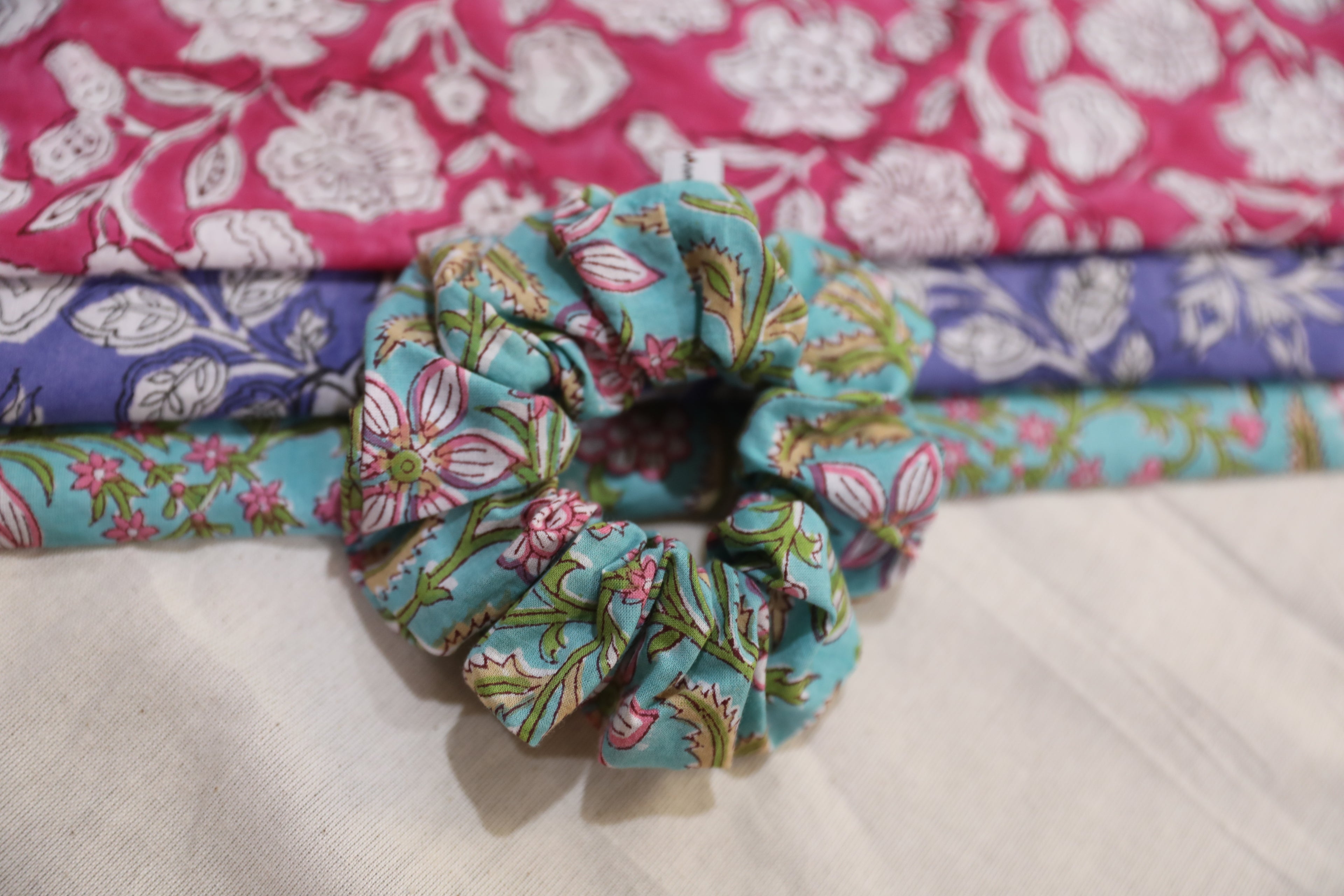 Set of 3 : Block Printed Scrunchies : Pastel dreams