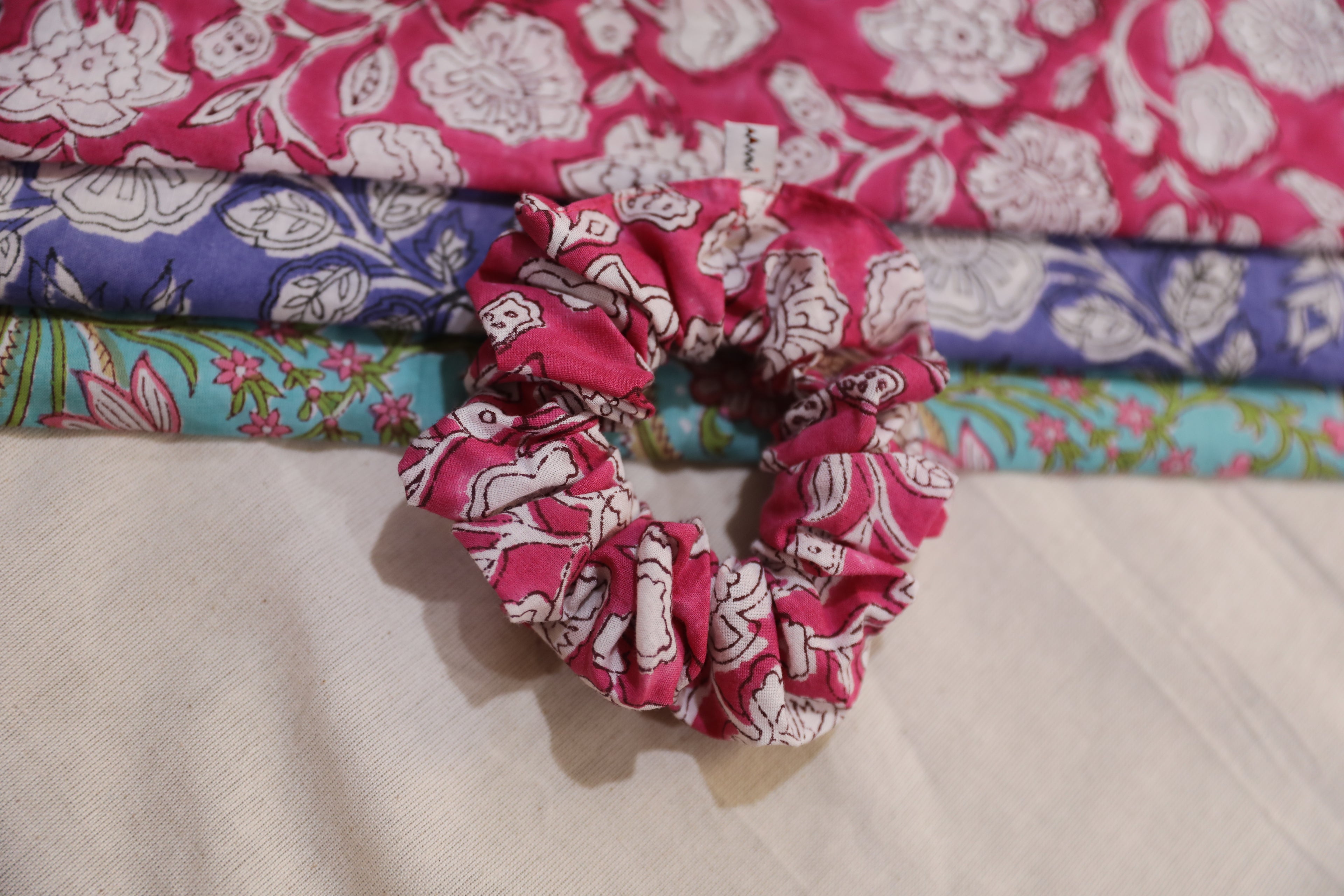 Set of 3 : Block Printed Scrunchies : Pastel dreams